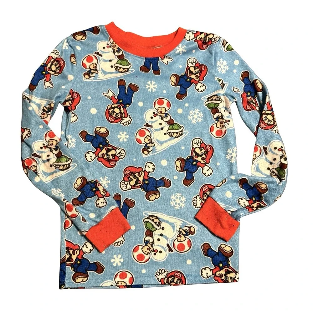 Super Mario Boys Pajama Set Size 10 Snug Fit Long Sleeve Top & Pants Winter Snow